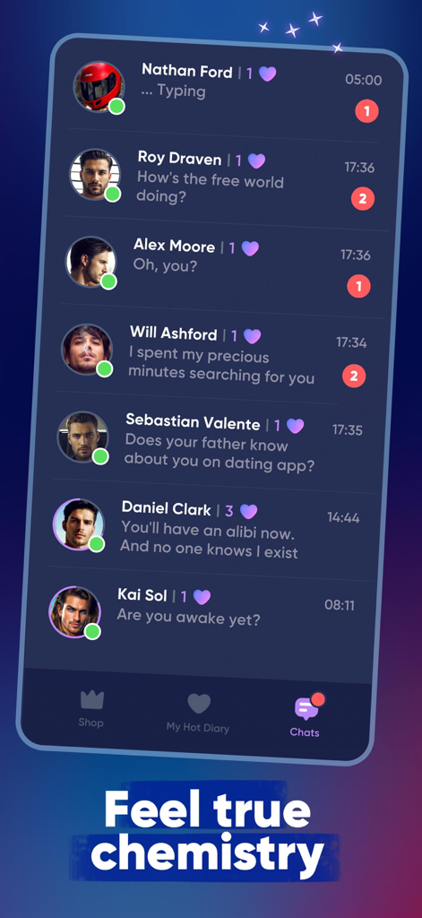 Interface showing multiple chat conversations with virtual male characters in the My Hot Diary romance game