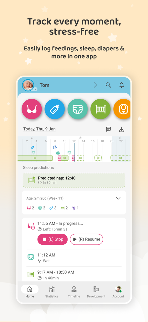 Baby Daybook - Newborn Tracker - Capture d'écran de l'application Baby Daybook montrant les journaux d'activités du bébé et les prédictions de sommeil.