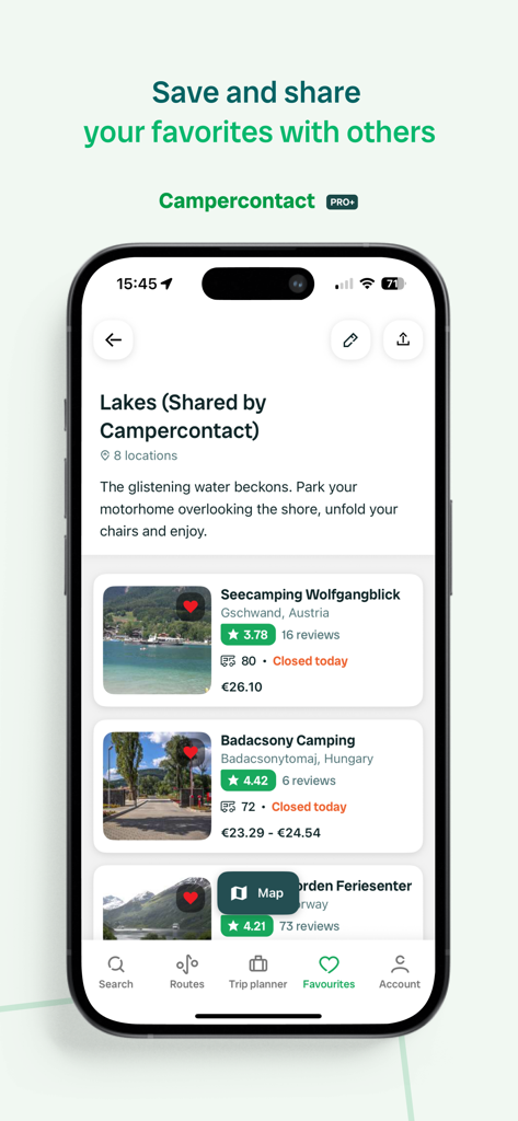 Campercontact - Camper Van - Interface de l'application Campercontact montrant une liste d'emplacements favoris et de campings enregistrés