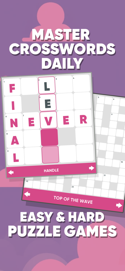 Mobile app screenshot showing daily crossword puzzles with easy and hard difficulty levels