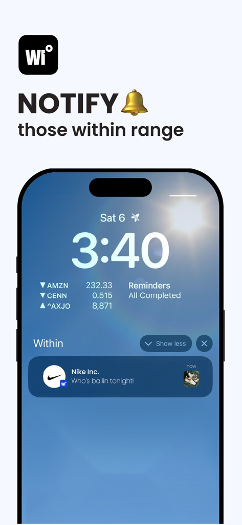 Within - Withinアプリを使用する地域ビジネスからのリアルタイム近接通知を表示するスマートフォンのロック画面。
