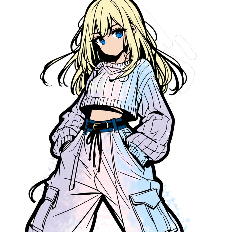 anime teen girl with baggy pants and crop top with sweater