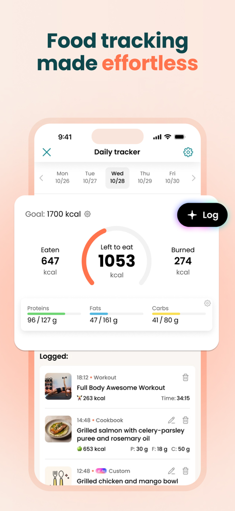 Raize: fitness & workout plans - Raize app daily food tracker showing calorie goals and macro counts