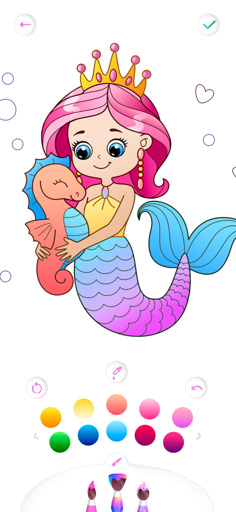 Mermaid coloring book kids - A cartoon mermaid with a crown hugging a seahorse on a coloring page with a color palette below