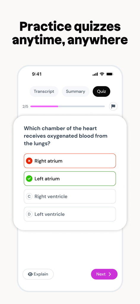 Schermo di un telefono cellulare che mostra un quiz a scelta multipla di biologia all'interno dell'app Studocu