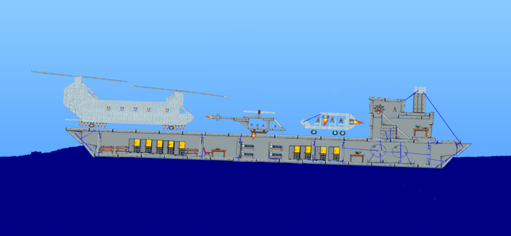 Water Physics Simulation - A cross section of a large custom ship with helicopters on deck floating in water physics simulation