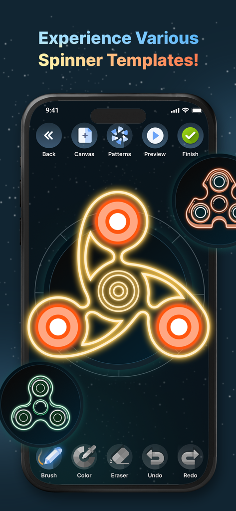 Finger Spinner: Neon Glow Art - Interfaccia di un'app mobile che mostra un modello di spinner fidget al neon luminoso e strumenti di disegno