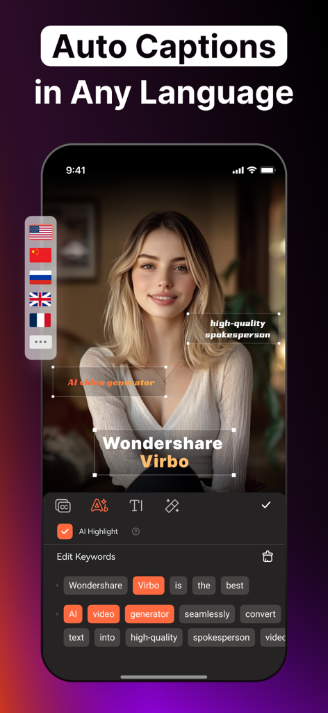 AI Video Generator - Virbo - Interface de l'application Virbo montrant un avatar IA avec des légendes automatiques multilingues et des fonctionnalités d'édition de mots-clés.