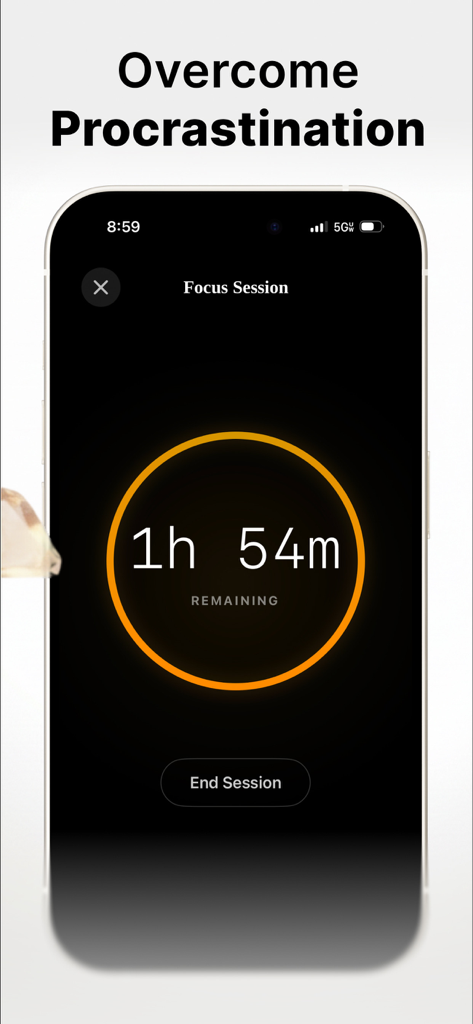Pantalla de sesión de concentración de Ignite que muestra un temporizador de cuenta regresiva para superar la procrastinación