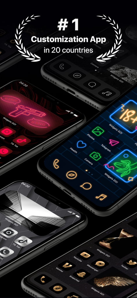 Widgets, Themes & Wallpapers ­ - Una exhibición de múltiples iPhones mostrando varios temas estéticos de pantalla de inicio y widgets personalizados de la aplicación Widgets GO.