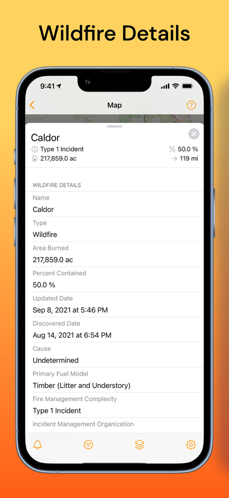 QuakeFeed app screen showing detailed wildfire information including containment percentage and area burned