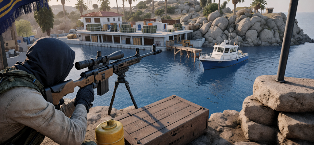 Sniper Army: Shooter Gun Arena - Sniper aiming a rifle from a rocky overlook at a coastal harbor with a boat and buildings