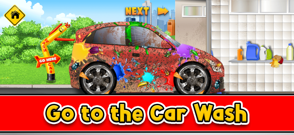 Little Car Wash: Vehicle Game - A dirty red car covered in mud and colorful bugs parked at a car wash station.