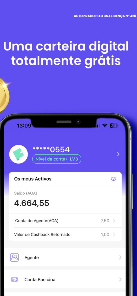 PayPay AO - Interfaccia dell'app PayPay AO che visualizza un portafoglio digitale gratuito e il saldo del conto in Kwanzas angolano.