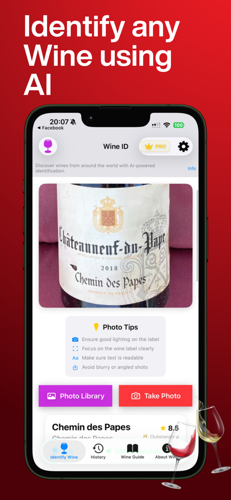 Wine Scanner app interface showing AI wine label identification and photo tips