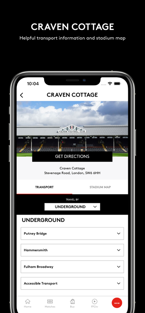 Official Fulham FC App - Fulham FC app interface displaying transport options and directions to Craven Cottage stadium