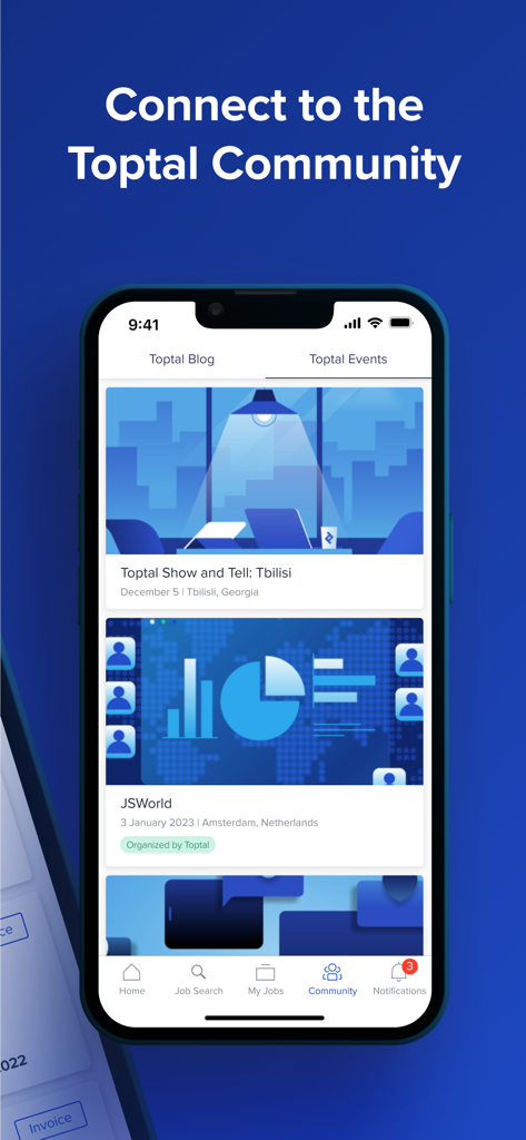 Aba de comunidade do aplicativo Toptal Talent mostrando eventos profissionais e oportunidades de networking para freelancers