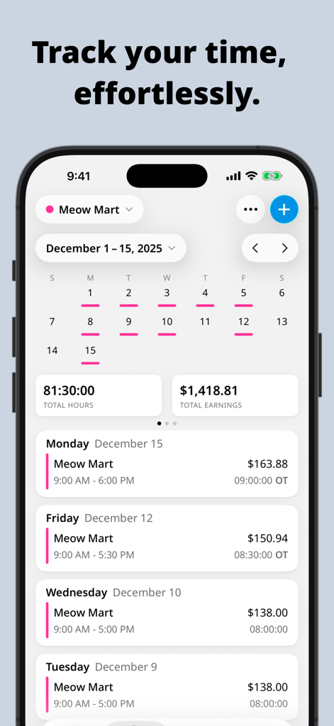 Clock Inアプリのダッシュボード。時給ジョブの週次労働時間と総収入を表示。