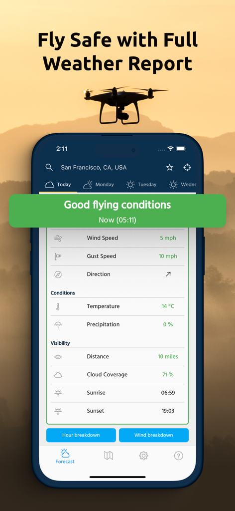 Dronecast: UAV & Drone Weather - ドローンパイロット向けの気象条件と飛行安全レポートを表示するDronecastアプリのインターフェース