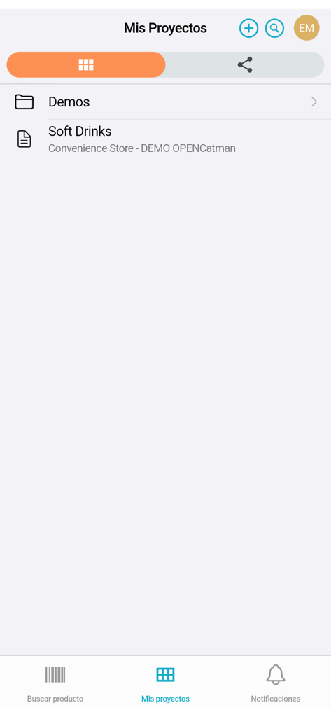 OPENCatman - Mobile screen of the OPENCatman app showing the My Projects list with a soft drinks demo category and navigation menu.