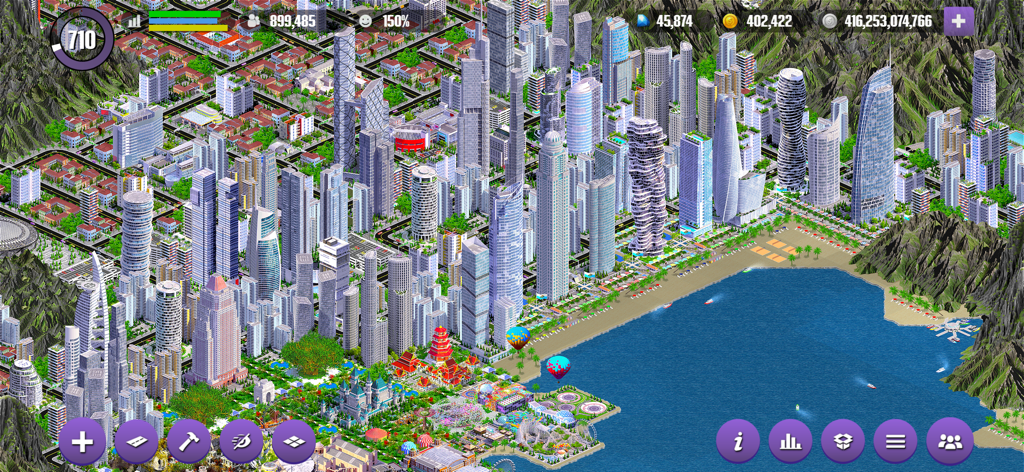Designer City - A bustling coastal city with modern skyscrapers and landmarks in the Designer City simulation game