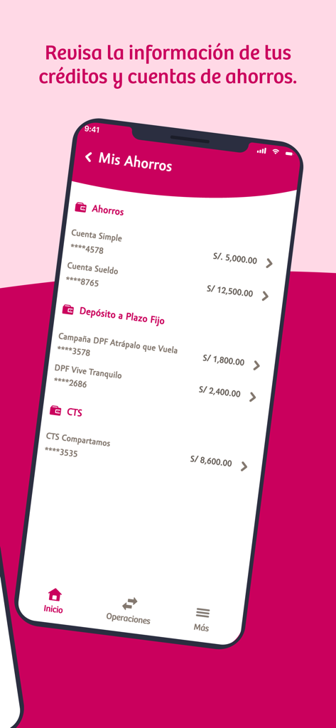 Smartphone screen displaying the savings and CTS account balances in the Compartamos banking app.