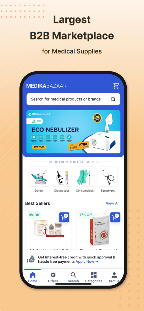 Medikabazaar-Medical Supplies - Medikabazaar mobile app home screen showing B2B medical supplies and healthcare categories