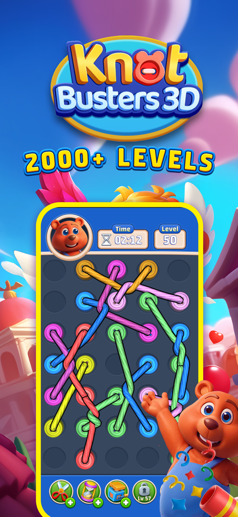 Knot Busters 3D - Knot Busters 3D gameplay screen showing colorful tangled ropes with a bear character and level counter