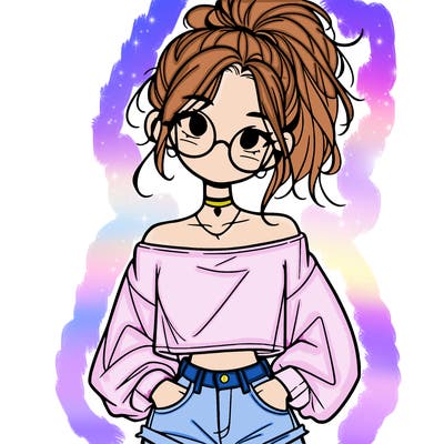 girl with a messy ponytail glasses a baggy crop top and jean shorts