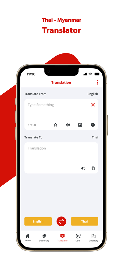 Screenshot of the Mingalar Thai mobile app showing the translator interface on a smartphone