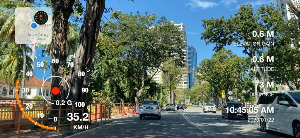 Motion Log Cam - Gravação de vídeo no Motion Log Cam com velocímetro embutido, indicador de força G e sobreposição de dados de mapa enquanto dirige.