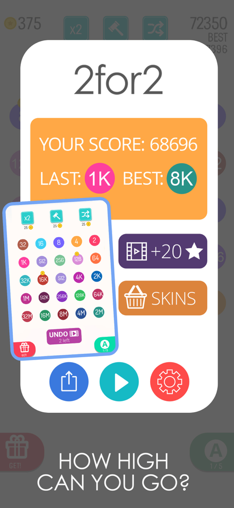 Interfaccia del menu principale del gioco puzzle 2 For 2 che mostra il punteggio più alto e l'anteprima del gameplay