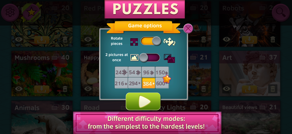 Schnittstelle mit Optionen für Puzzle-Spiele und Auswahl der Teileanzahl von 24 bis 600 Teilen.