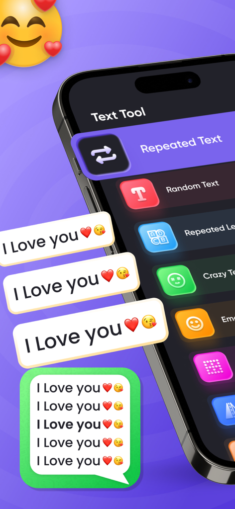 Re Message - Repeat Text 10k - Re Message app screen showing text repetition tools and chat bubble examples of repeated messages