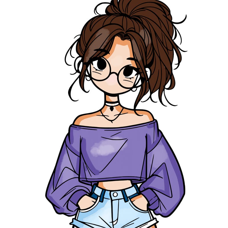 girl with a messy ponytail glasses a baggy crop top and jean shorts
