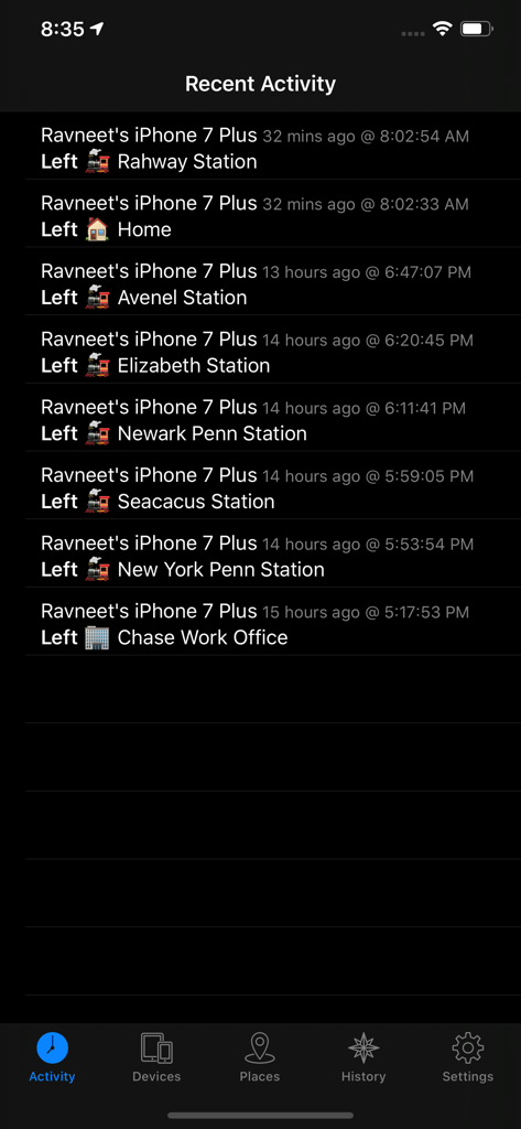 Device Locator - Log de atividades recentes mostrando o histórico de localização de um iPhone rastreado