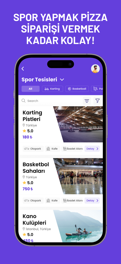 Sporsepeti - Sporsepeti mobile app interface showing a list of sports facilities including go-karting and basketball courts with prices and ratings.