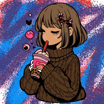 manga girl drinking boba in cozy sweater
