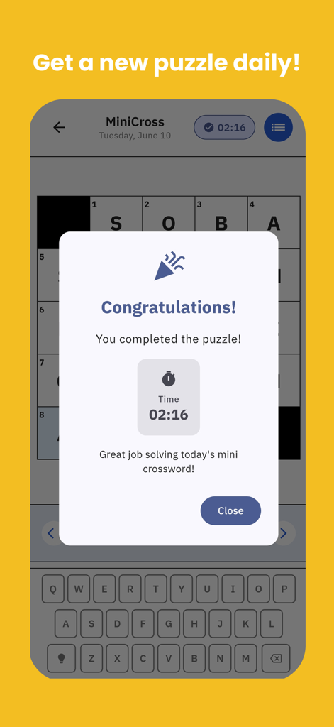 A completed 5x5 daily mini crossword puzzle showing a congratulations message and completion time