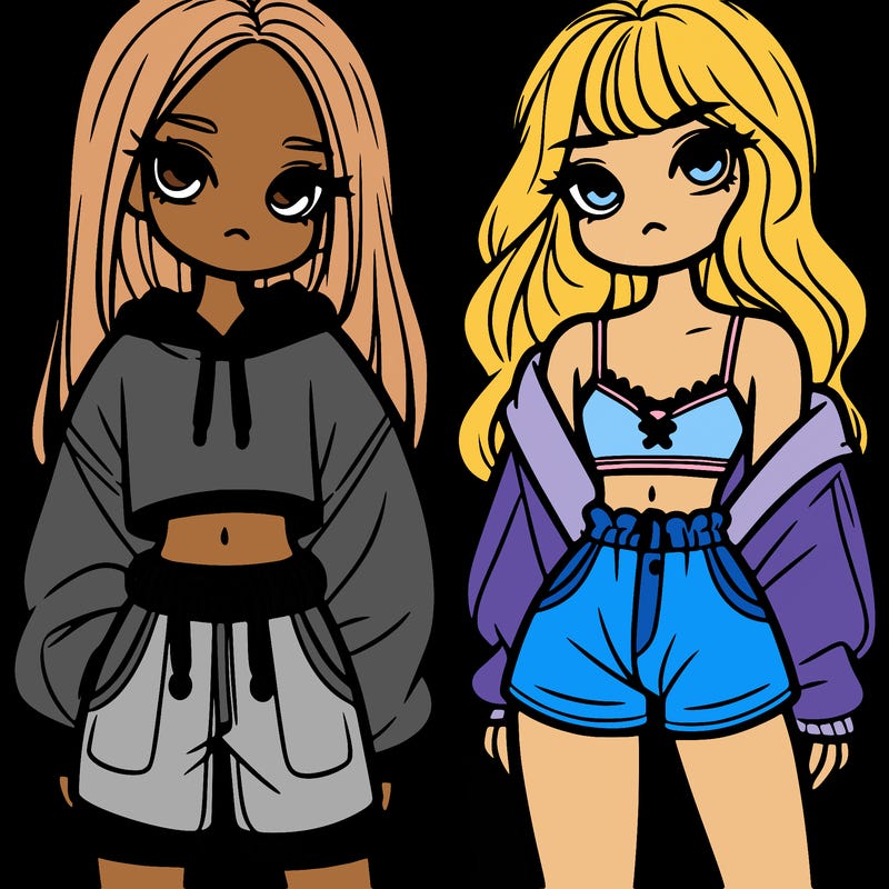 two girls one in baggy clothes the other in crop top and shorts