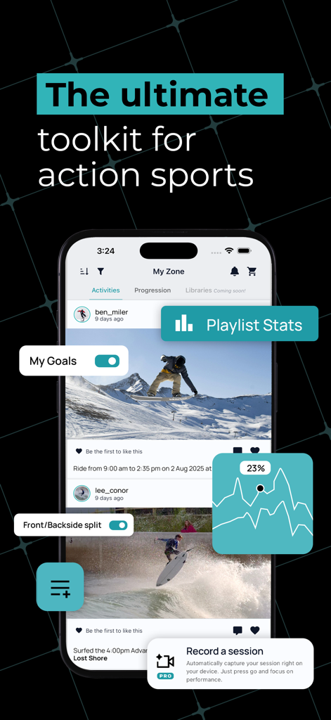 Flowstate - O painel do aplicativo Flowstate exibindo análises de desempenho e rastreamento de sessão para surf e snowboard com gráficos de progresso visual.