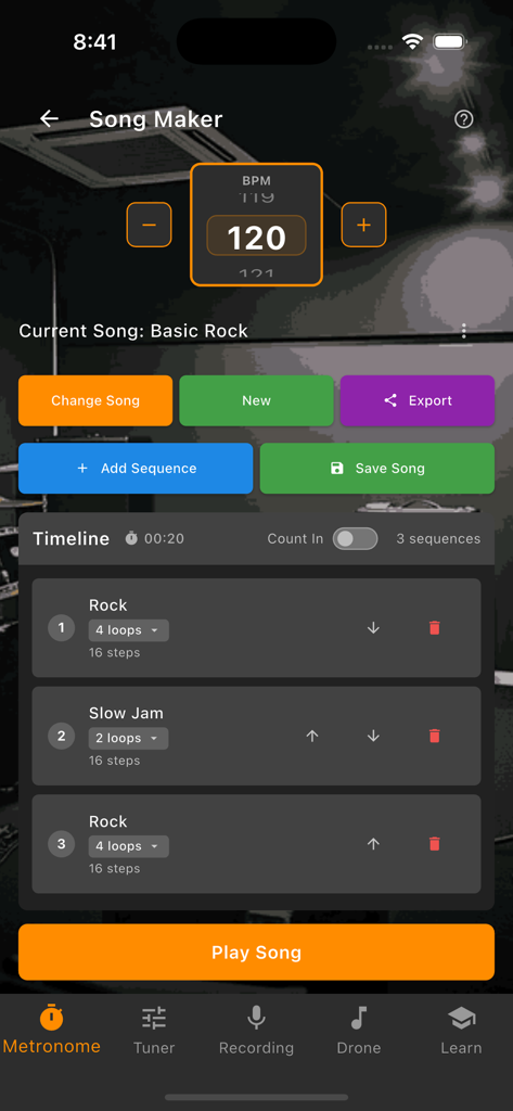 Flashtronome - Interface of the Flashtronome app Song Maker showing a sequence of rock and slow jam loops at 120 BPM.