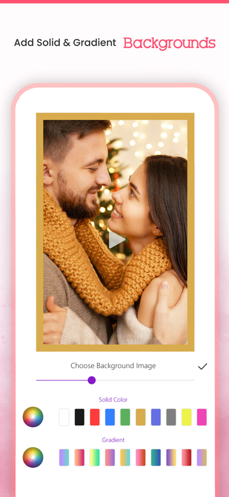 Video Maker - Slideshow Editor - Interface do aplicativo móvel mostrando opções de fundo sólido e gradiente para slideshows de vídeo