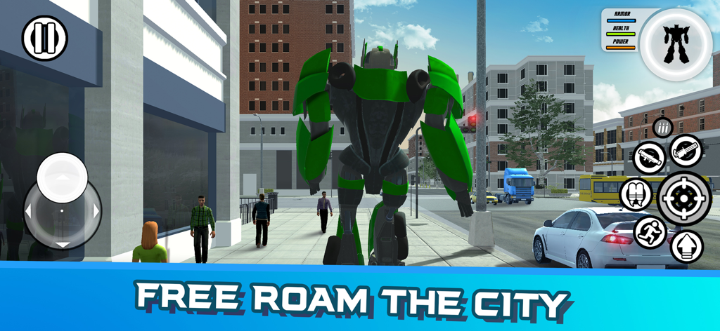 MegaBot - Robot Car Transform - A giant green robot walking through a city street in MegaBot free roam mode