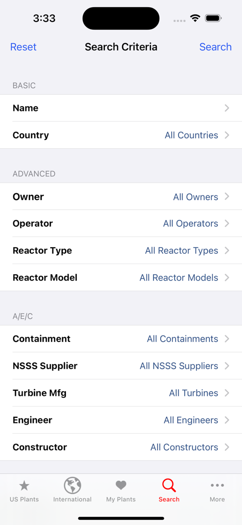 CW Nuclear - Advanced search interface of the CW Nuclear app showing filters for technical plant data