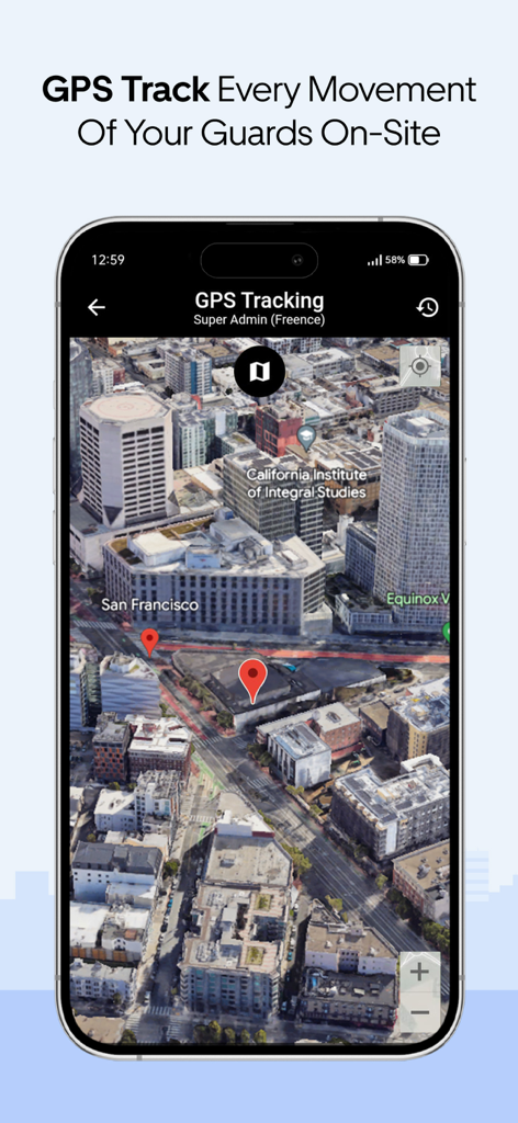 Security Guard App - Security Guard App interface showing real-time GPS tracking of personnel on a 3D city map.