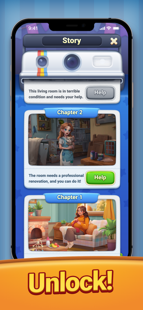 Tile Family®:Match Puzzle Game - Screenshot of the Story mode in Tile Family showing home renovation chapters and character help requests