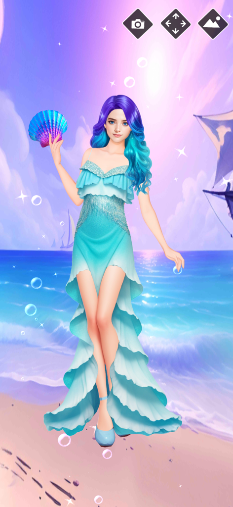 Mermaid Dress Up Game - A mermaid princess with blue hair wearing a teal tiered dress on a beach at sunset