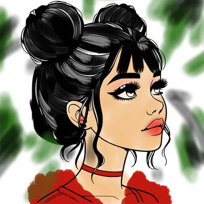 realistic girl with buns on the top of her head