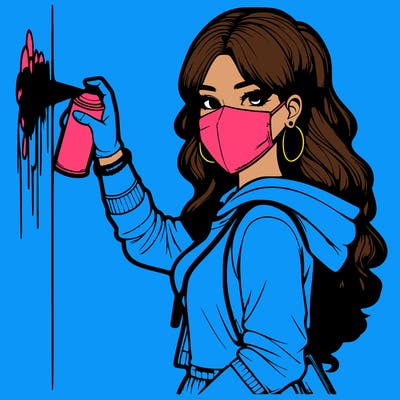 realistic girl with mask spray painting a wall